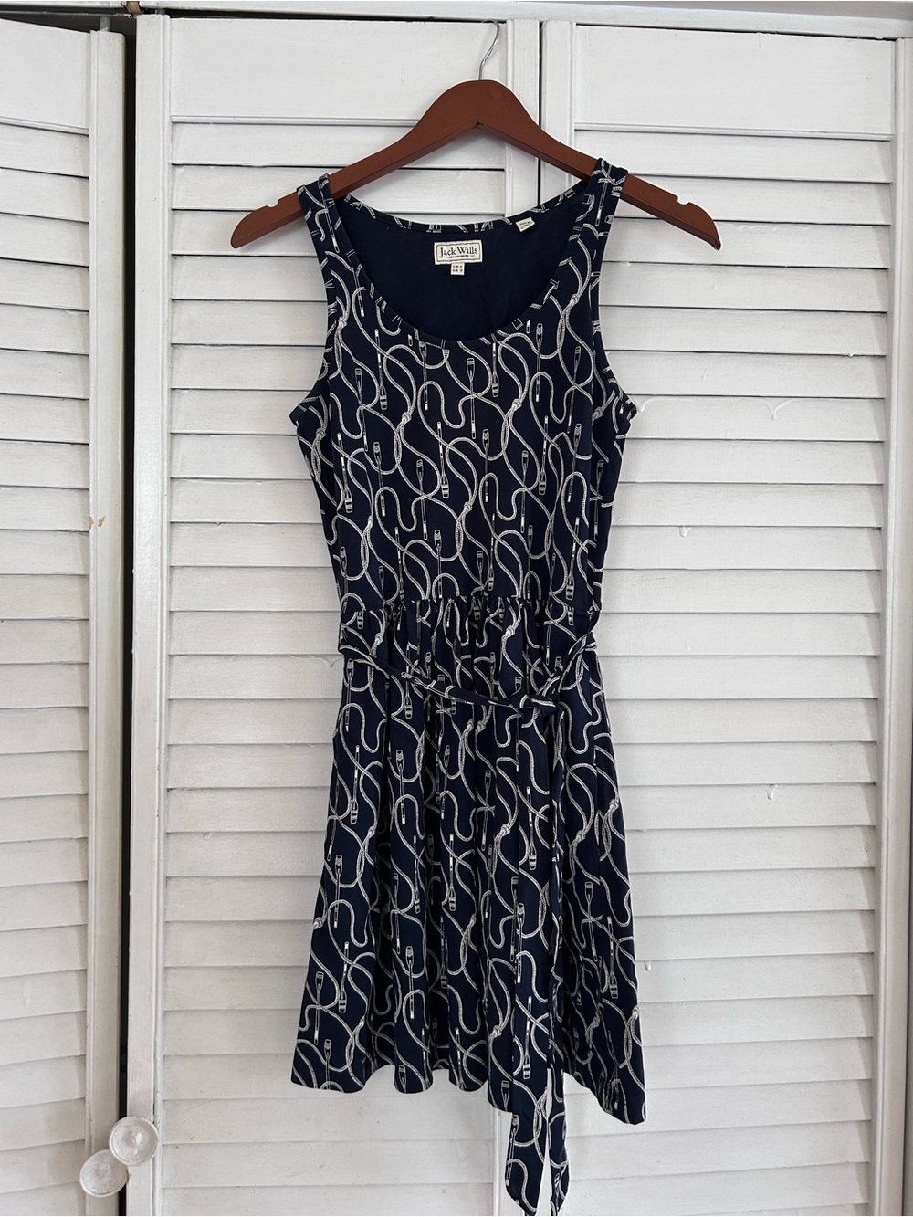 Jack Wills Navy Sleeveless Belted Midi Dress with Light Print